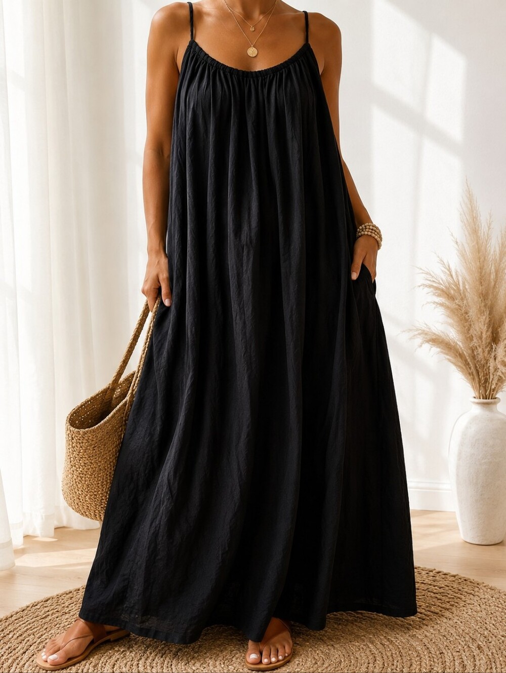 H&M Black Maxi Sundress with Spaghetti Straps